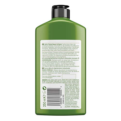John Frieda Repair & Detox Champú – con aceite de aguacate y té verde – para cabello strapaziertes, 250 ml
