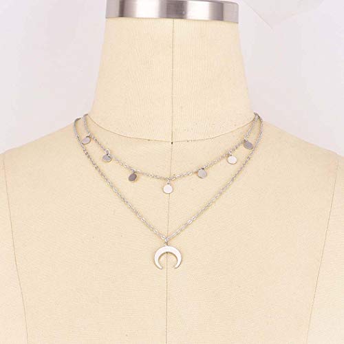 Jovono - Collar con varias capas y colgante de luna creciente, cadena moderna con lentejuelas, joyas para mujer y chica (color plateado)