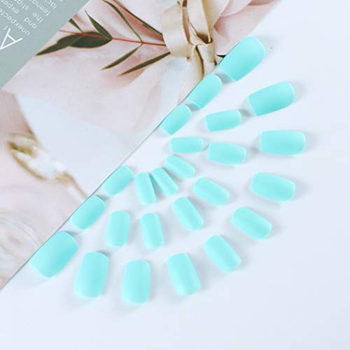 Jovono Color sólido Uñas postizas Uñas postizas mate Uñas de garra de cabeza cuadrada Uñas artificiales de cubierta completa para mujeres y niñas (24 piezas) (azul claro)