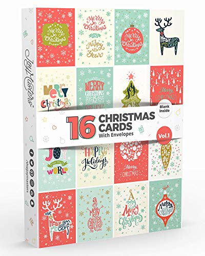 Joy Masters - 16 Tarjetas de Navidad | Caja de Christmas Surtidos con SOBRES | Diseños Clásico - Gran Combo para Hombres y Mujeres - Vol. 1