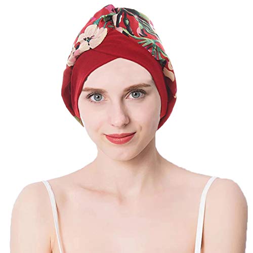 Joyfeel's Store Gorra de Seda para Dormir con Capucha de Raso Floral para el Cabello para la pérdida Natural del Cabello Protección del Cabello de Noche y día (Pack of 2 (Coffee+Wine))