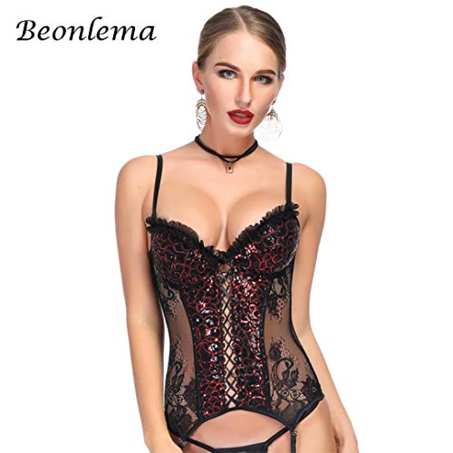 JOYOTER Corsé Negro para Mujer Overbust See Through Lace Lencería Sexy Faux Leather Gothic Bustiers