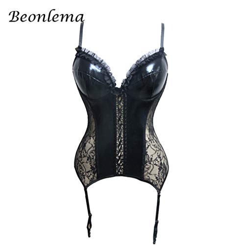 JOYOTER Corsé Negro para Mujer Overbust See Through Lace Lencería Sexy Faux Leather Gothic Bustiers