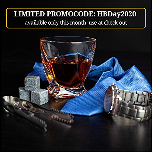 Juego de 2 vasos de whisky Twist. Set de regalo de piedras de whisky Bourbon. Juego de pinzas, posavasos, piedras de enfriamiento y gafas de bar - vaso de whisky en caja de regalo de madera