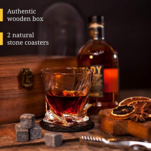 Juego de 2 vasos de whisky Twist. Set de regalo de piedras de whisky Bourbon. Juego de pinzas, posavasos, piedras de enfriamiento y gafas de bar - vaso de whisky en caja de regalo de madera
