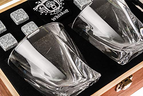 Juego de 2 vasos de whisky Twist. Set de regalo de piedras de whisky Bourbon. Juego de pinzas, posavasos, piedras de enfriamiento y gafas de bar - vaso de whisky en caja de regalo de madera