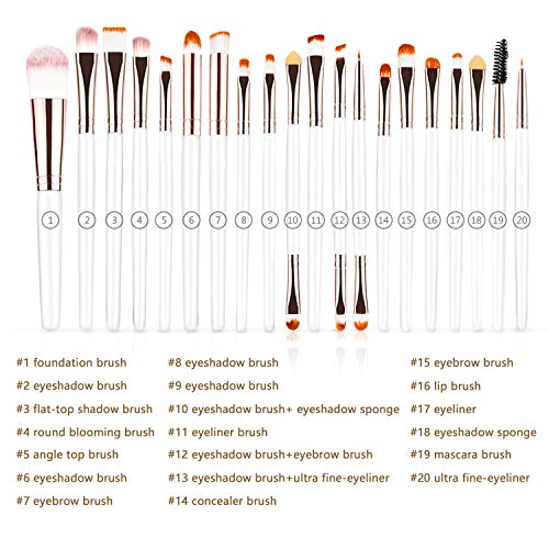 Juego de 20 brochas de maquillaje, base en polvo, sombra de ojos, delineador de ojos, brochas cosméticas para labios, kit de aseo (blanco y marrón) ideal para uso profesional y diario