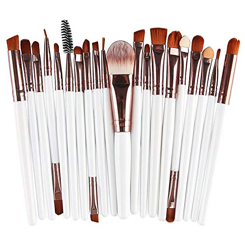 Juego de 20 brochas de maquillaje, base en polvo, sombra de ojos, delineador de ojos, brochas cosméticas para labios, kit de aseo (blanco y marrón) ideal para uso profesional y diario