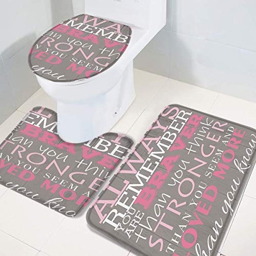 Juego de 3 alfombrillas de baño para asiento de inodoro, fundas de asiento de inodoro, con texto en inglés «Always Remember You are Braver», alfombrilla de pedestal y tapa de inodoro.