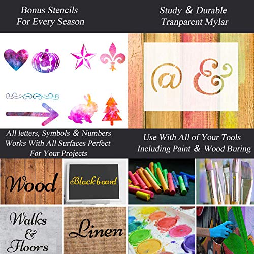 Juego de 44 plantillas de letras y números, 21 x 15 cm, tamaño grande, reutilizable, plantillas de alfabeto, bricolaje, manualidades, spray, dibujo para pintar sobre lienzo de madera, tela de pared, roca
