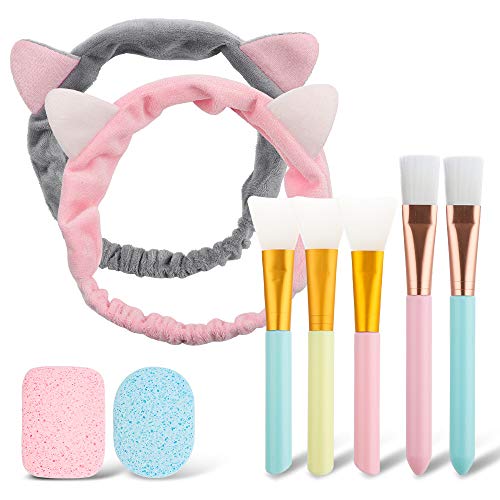 Juego de 9 brochas de maquillaje de limpieza facial con banda de pelo de gato y esponja, cepillo para mujeres y niñas, colorido
