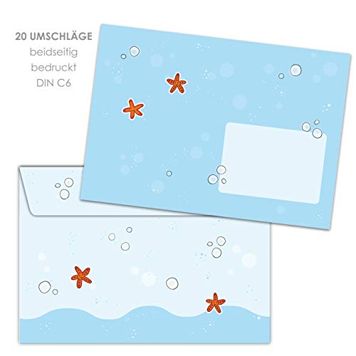 Juego de bloc de notas DIN A5 (50 hojas a rayas), incluye 20 sobres a juego/papel de carta para niñas, diseño de sirena