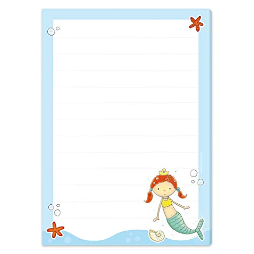 Juego de bloc de notas DIN A5 (50 hojas a rayas), incluye 20 sobres a juego/papel de carta para niñas, diseño de sirena