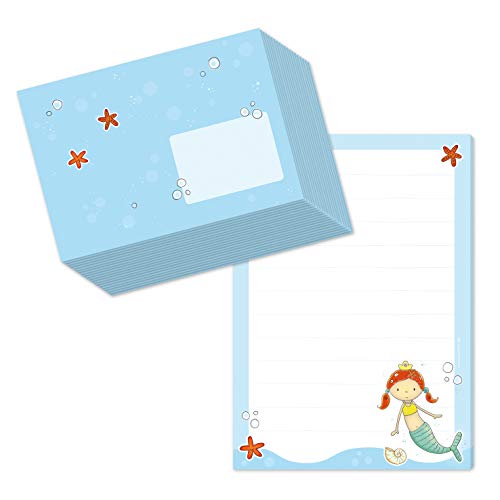 Juego de bloc de notas DIN A5 (50 hojas a rayas), incluye 20 sobres a juego/papel de carta para niñas, diseño de sirena