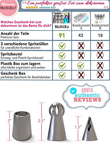 Juego de boquillas pasteleras de 91 piezas de MoNiRo - Adaptadores para boquillas pasteleras rusas profesionales de acero inoxidable + manga pastelera de silicona, bolsa pastelera desechable