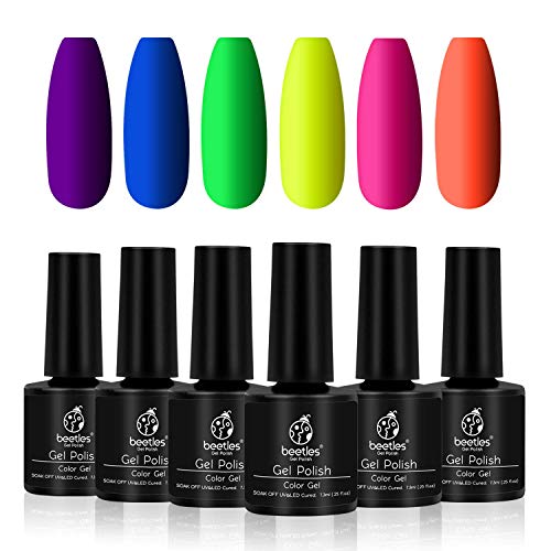 Juego de esmaltes de uñas de gel de Beetles Neon Orange Hot Pink Azul, Amarillo, Verde, Morado, 6 colores, kit de uñas de gel, 7,3 ml cada botella