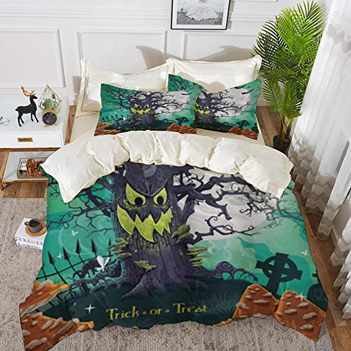 Juego de Fundas de edredón,Truco o Trato de Halloween Bosque Muerto con Dibujos Animados de tumbas de árbol Espeluznante,Fundas Edredón 240 x 260 cmcon 1 Funda de Almohada 40x75cm