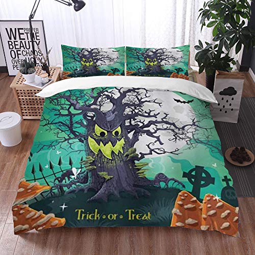 Juego de Fundas de edredón,Truco o Trato de Halloween Bosque Muerto con Dibujos Animados de tumbas de árbol Espeluznante,Fundas Edredón 240 x 260 cmcon 1 Funda de Almohada 40x75cm