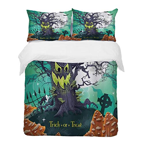 Juego de Fundas de edredón,Truco o Trato de Halloween Bosque Muerto con Dibujos Animados de tumbas de árbol Espeluznante,Fundas Edredón 240 x 260 cmcon 1 Funda de Almohada 40x75cm
