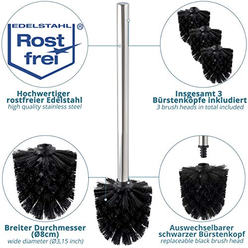 Juego de Inodoro - Cromo Brillante -22x18x70cm– Incl. Soporte para Papel higiénico y escobilla de baño - Acero Inoxidable Cromado - Base de Vidrio – Plus: 1+2 Cabezas de escobilla a Cambio!