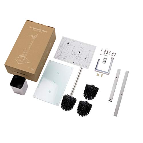 Juego de Inodoro - Cromo Brillante -22x18x70cm– Incl. Soporte para Papel higiénico y escobilla de baño - Acero Inoxidable Cromado - Base de Vidrio – Plus: 1+2 Cabezas de escobilla a Cambio!