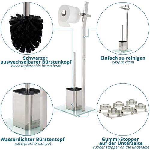 Juego de Inodoro - Cromo Brillante -22x18x70cm– Incl. Soporte para Papel higiénico y escobilla de baño - Acero Inoxidable Cromado - Base de Vidrio – Plus: 1+2 Cabezas de escobilla a Cambio!