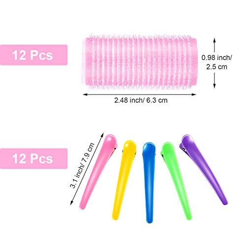 Juego de Rulo de Pelo Auto Agarre de 25 mm 12 Rulos Pequeños de Auto Sostenerse y 12 Pinzas de Pelo de Dientes de Pato de Plástico de Multicolor para Mujeres Hombres y Niños (25 mm, 24 Piezas)