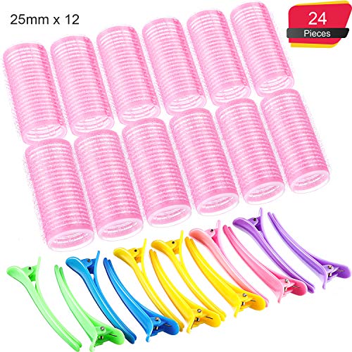 Juego de Rulo de Pelo Auto Agarre de 25 mm 12 Rulos Pequeños de Auto Sostenerse y 12 Pinzas de Pelo de Dientes de Pato de Plástico de Multicolor para Mujeres Hombres y Niños (25 mm, 24 Piezas)