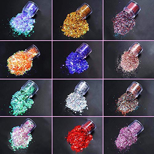 JUN-H 12 Estilos Chunky Glitter Nail Lequin Glitter para Cara Uñas Ojos Labios Cabello Cuerpo Maquillaje Glitter Sequin Music Festival Masquerade 12 Cajas * 10ML