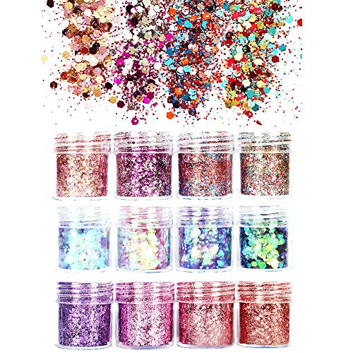 JUN-H 12 Estilos Chunky Glitter Nail Lequin Glitter para Cara Uñas Ojos Labios Cabello Cuerpo Maquillaje Glitter Sequin Music Festival Masquerade 12 Cajas * 10ML