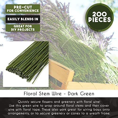 Juvale 200 piezas de alambre de tallo floral de 16 pulgadas calibre 19 para manualidades, suministros para hacer flores y arreglos floristas, color verde oscuro