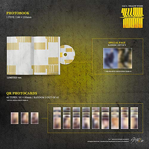 JYP Stray Kids Clé 2 - Camiseta de manga corta (madera), color amarillo CD + foto + 3 tarjetas fotográficas + unidad para fotos + pegatinas, póster plegable + juego de tarjetas de fotos doble cara