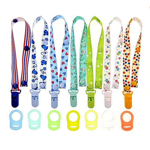JZK 7 Chupetes de clip bebé y 7 anillo chupete adaptador silicona, cadenas para chupetes correa cinta para chupetero chupetes MAM y otros chupetes similares