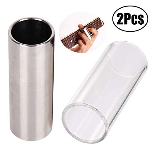 JZZJ 2 Piezas Slide de Cristal y Slide de Acero Inoxidable en Caja para Guitarra, Bajo, Mediano (6 cm)