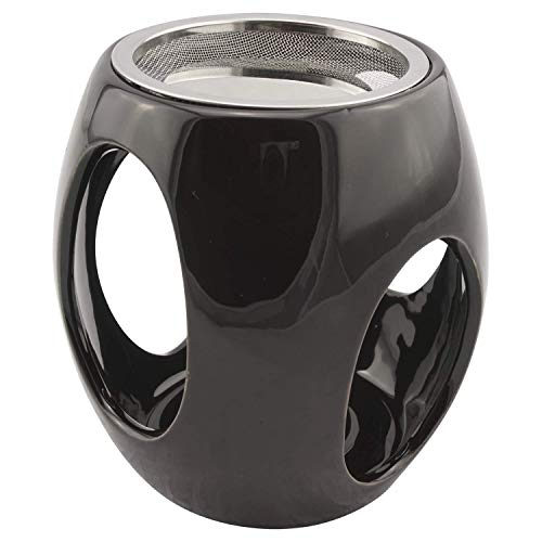 K W Quemador de Incienso con un tamiz de Acero Inoxidable y Disco de Metal – cerámica con Esmalte Negro – diseño Maris – H 11,5cm
