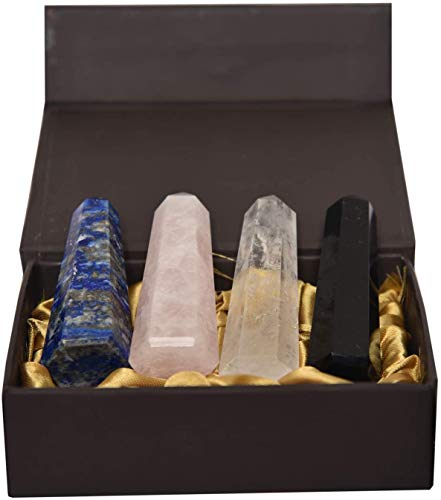 KACHVI Piedras de Chakra Piedras de Cristal curativo Cuarzo Rosa Amatista Piedras de turmalina Negras Transparentes para energía 2.25"-2.50" 6 Facetas Juego de 4 Piezas