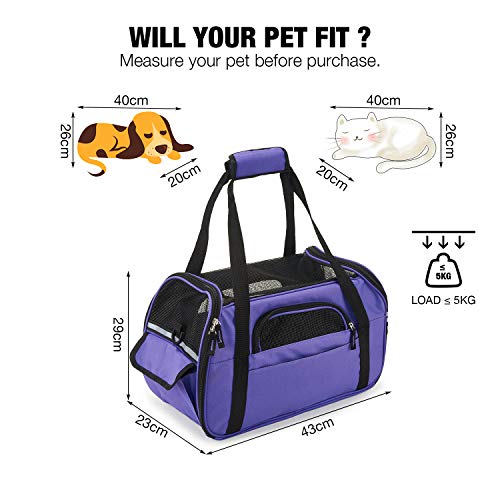 Kaka mall Transportín Perro Gato Transpirable Plegable Pet Carrier Impermeable Bolso de Hombro Acolchado Suave Viaje Avion Tren o Auto por Pequeños Mascota (Púrpura, S)