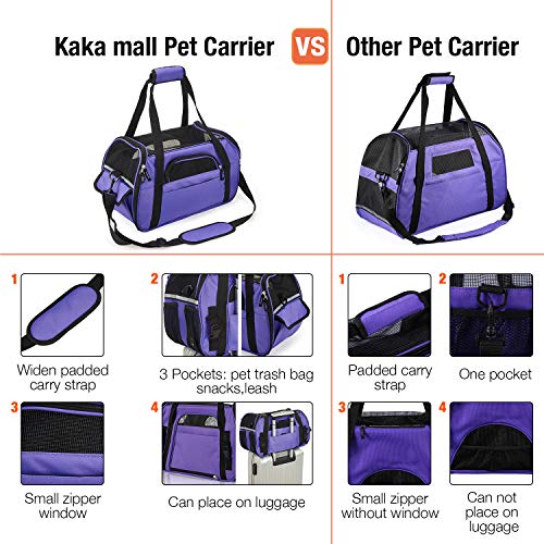 Kaka mall Transportín Perro Gato Transpirable Plegable Pet Carrier Impermeable Bolso de Hombro Acolchado Suave Viaje Avion Tren o Auto por Pequeños Mascota (Púrpura, S)