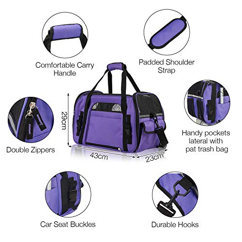 Kaka mall Transportín Perro Gato Transpirable Plegable Pet Carrier Impermeable Bolso de Hombro Acolchado Suave Viaje Avion Tren o Auto por Pequeños Mascota (Púrpura, S)