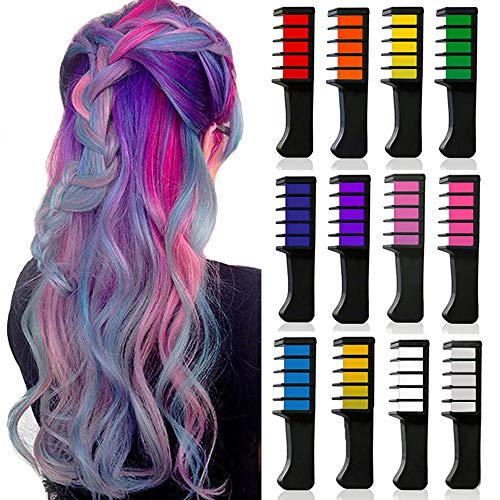 Kalolary Peine de Tiza Para el Pelo, 12pcs Lavables Tinte para Cabello, Color de pelo Temporal Hair Chalk Set para Niños Regalos Navidad Fiestas Cosplay DIY