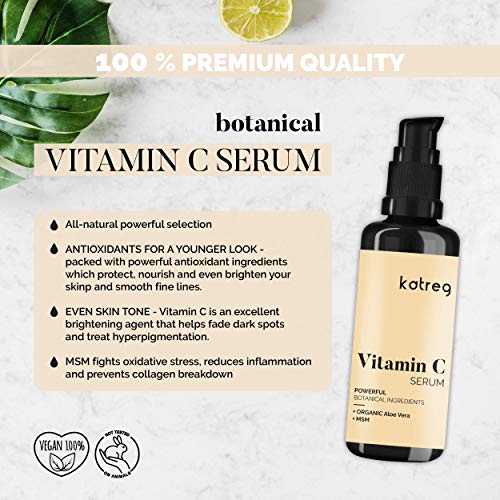 KATREG PREMIUM Serum facial de vitamina C con ácido hialurónico, vitamina E y MSM. Refuerzo de colágeno: envejecimiento inverso de la piel, manchas solares y arrugas - vegano - 30 ml