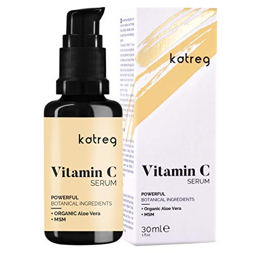 KATREG PREMIUM Serum facial de vitamina C con ácido hialurónico, vitamina E y MSM. Refuerzo de colágeno: envejecimiento inverso de la piel, manchas solares y arrugas - vegano - 30 ml