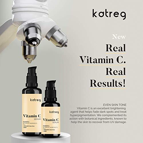 KATREG PREMIUM Serum facial de vitamina C con ácido hialurónico, vitamina E y MSM. Refuerzo de colágeno: envejecimiento inverso de la piel, manchas solares y arrugas - vegano - 30 ml