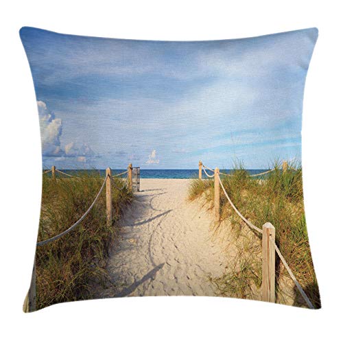 KENDIA Entrada de Sandy Beach con Vallas en el Sur de Miami Relajante Imagen de Vacaciones de Estilo Americano, Funda de Almohada Decorativa con Detalles Cuadrados, Azul Crema, 16 Pulgadas