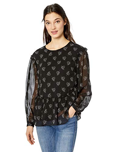 kensie Women's Whispering Shadows Ruffle Accent Top, Black Combo, XL