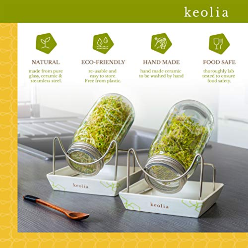Keolia Germinador de Semillas Brocoli - 2 x 750 ML Tarros de Masón con Tapas de Colador de Acero Inoxidable – Kit Germinador para Brotes Cultivar su Propia Ensalada de Alfalfa, Semillas Germinados