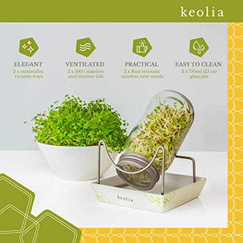 Keolia Germinador de Semillas Brocoli - 2 x 750 ML Tarros de Masón con Tapas de Colador de Acero Inoxidable – Kit Germinador para Brotes Cultivar su Propia Ensalada de Alfalfa, Semillas Germinados