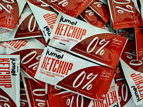 Ketchup JUMEL 0% AZUCARES AÑADIDOS. Caja 120 Sobres de 10 gramos. Formato monodosis. Disfruta de tus platos con un mínimo aporte calórico y sin grasas.