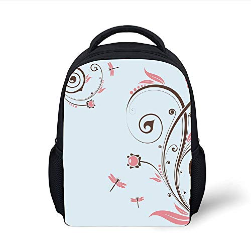 Kids School Backpack Dragonfly,Swirled Shabby Chic Blossom Branches Fragrance Essence Theme,Dark Brown Baby Blue Light Pink Plain Bookbag Travel Daypack