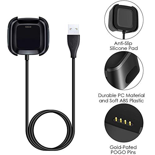 KIMILAR Cargador Compatible con Fitbit Versa Cable del USB, [1 Pack] Portatil Carga Base del Soporte del Muelle Clip de Carga Adaptador para Versa SmartWatch, Negro (100cm)